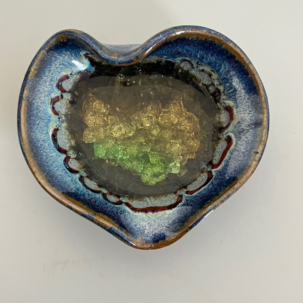 Heart Shaped Ceramic Trinket Dish Jewelry Holder Blue Brown‎ Glaze